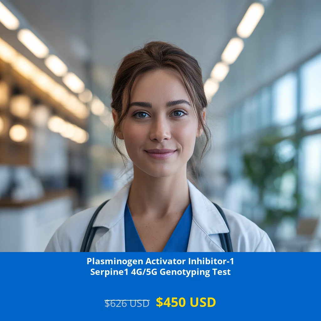 Get comprehensive Plasminogen Activator Inhibitor-1 4G/5G Genotyping testing for $450 USD in USA. Advanced PAI-1 genetic analysis helps assess thrombosis risk