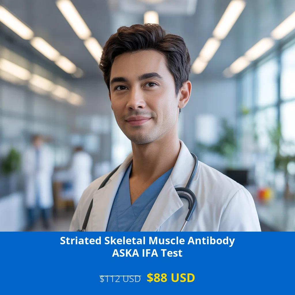 Get the Striated Skeletal Muscle Antibody ASKA IFA Test for only $88 USD (regularly $112). This specialized immunofluorescence assay helps diagnose Myasthenia Gravis and related autoimmune neuromuscular disorders. Available across major US cities including New York